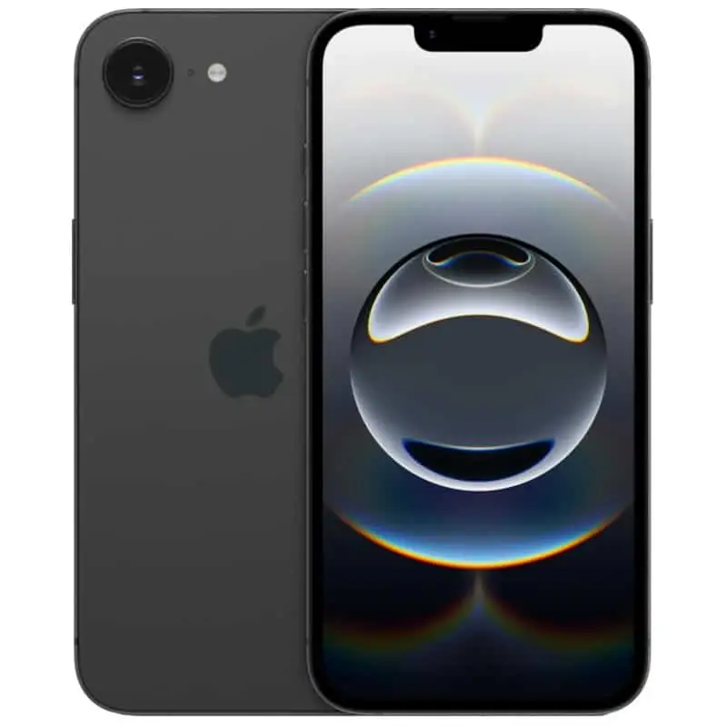 Vista frontal y trasera del iPhone 16E en color negro, mostrando su diseño delgado, pantalla de borde a borde y cámaras traseras dobles de alta resolución.