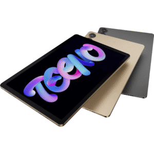 Parte trasera de la TECNO MegaPad 10 en colores gris espacial y dorado champán.