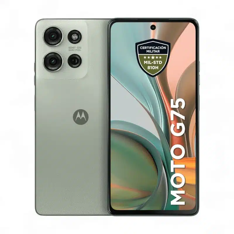 Motorola G75 5G en color verde suculento, diseño curvo con cámara dual y textura ecológica