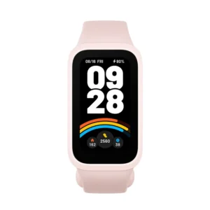 Vista frontal de la Xiaomi Smart Band 9 active en color rosa con pantalla TFT activa.