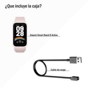 Contenido completo de la caja de la Xiaomi Smart Band rosa, incluyendo cable, correa y manual.