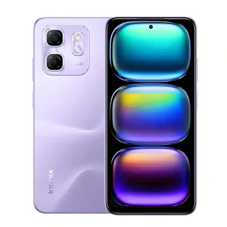 Infinix Hot 50i en color púrpura, vista posterior con diseño brillante