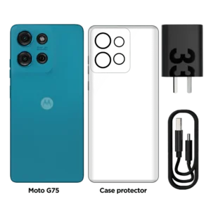 Accesorios del Motorola G75 5G: cargador de viaje, cable USB-C, funda protectora, herramienta SIM y manual de usuario