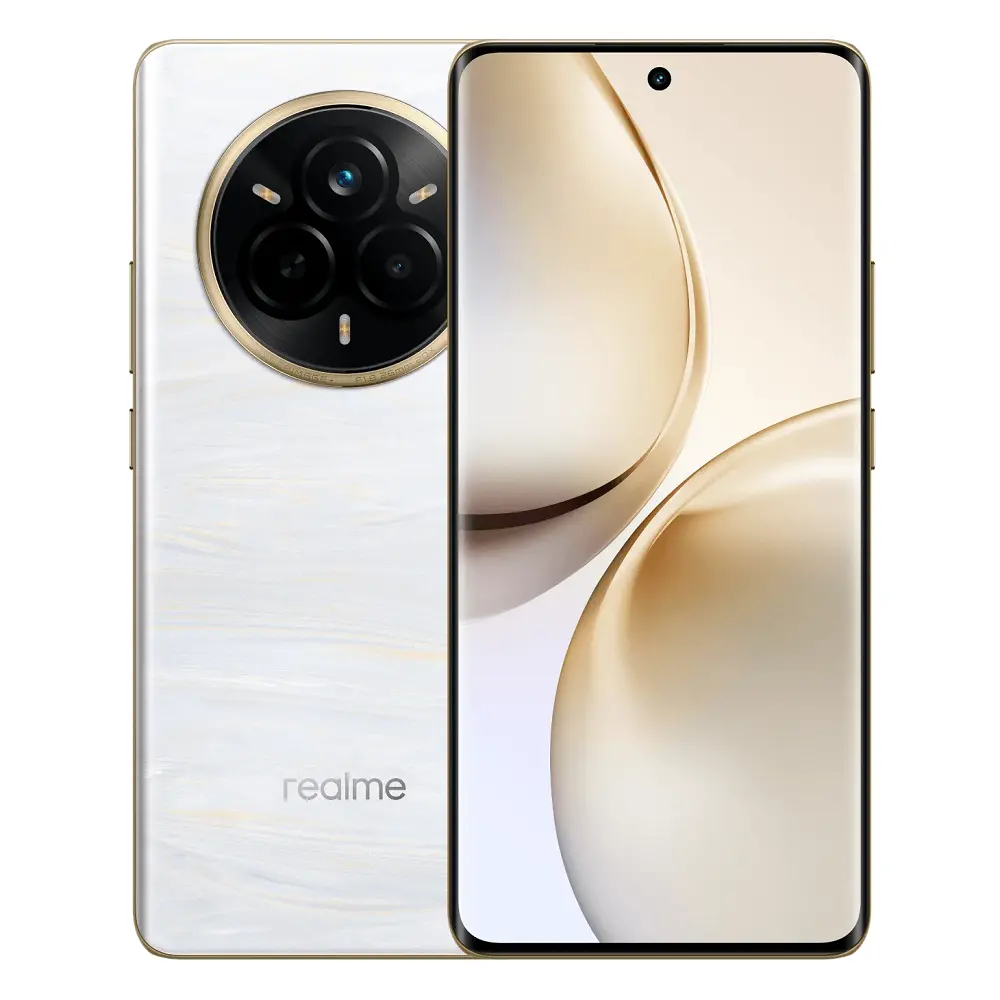 realme 14 Pro 5G color blanco, vista frontal mostrando pantalla AMOLED curva