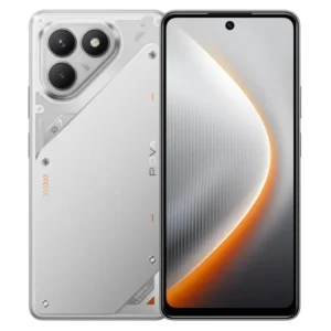 Smartphone tecno pova 7 en color Plata mágica, acabado brillante con efecto metálico claro