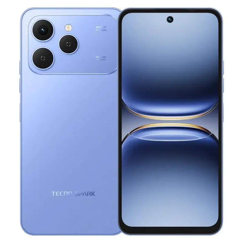 Tecno Spark 40 en color Azul Espejismo, vista frontal y trasera