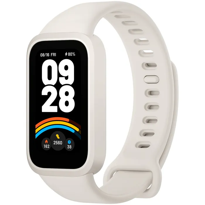 Xiaomi Smart Band 9 active en blanco beige, estilo moderno con correa clara.