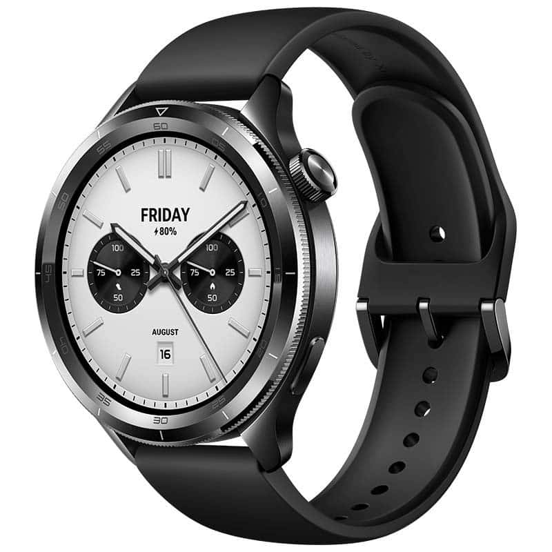 Xiaomi Watch S4 negro en vista normal con correa y pantalla encendida