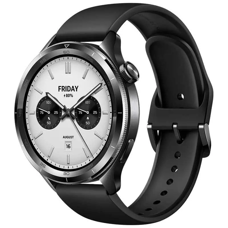 Xiaomi Watch S4 negro en vista normal con correa y pantalla encendida