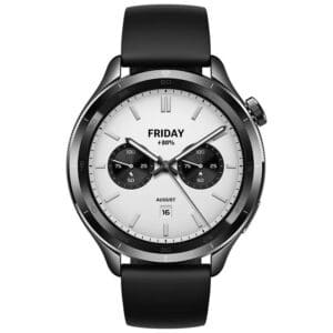 Xiaomi Watch S4 negro mostrando su pantalla frontal