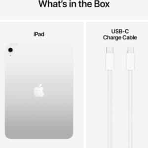 Vista trasera del iPad 11ª generación en color plata con cable USB-C y documentación incluidos