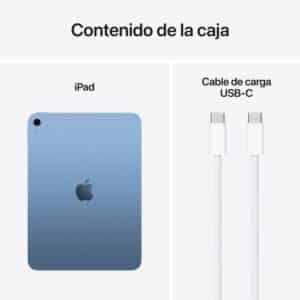 Vista trasera del iPad 11ª generación en color azul junto a sus accesorios: cable USB-C y documentación