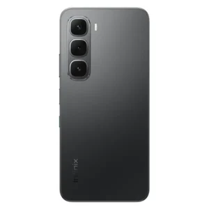 Vista trasera del Infinix Hot 60i en negro elegante con módulo de cámara dual y acabado brillante.