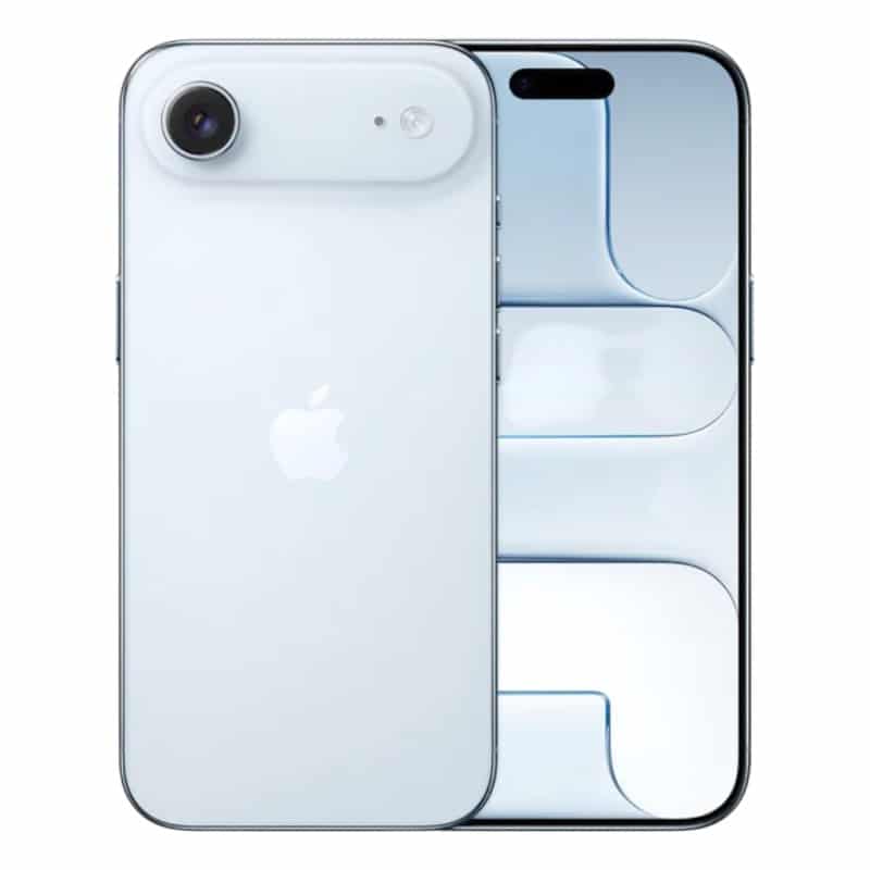 Vista frontal y trasera del iPhone 17 Air en color azul, pantalla OLED y parte