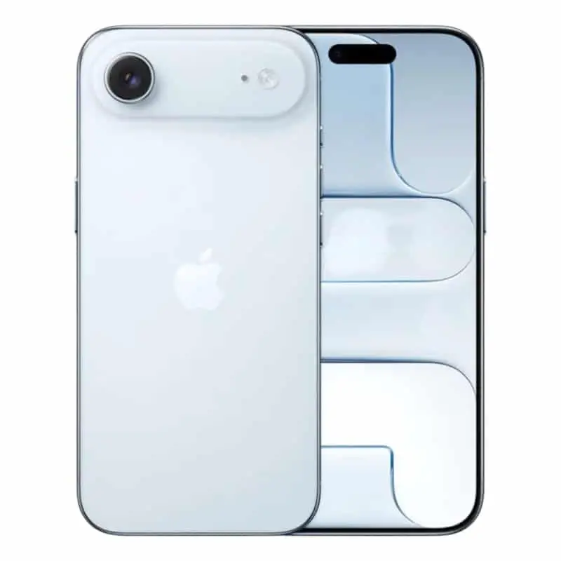 Vista frontal y trasera del iPhone 17 Air en color azul, pantalla OLED y parte