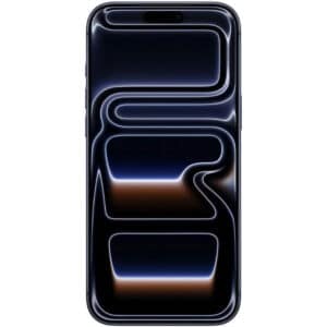 iPhone 17 Pro Max color azul en vista frontal, mostrando su gran pantalla OLED Super Retina.