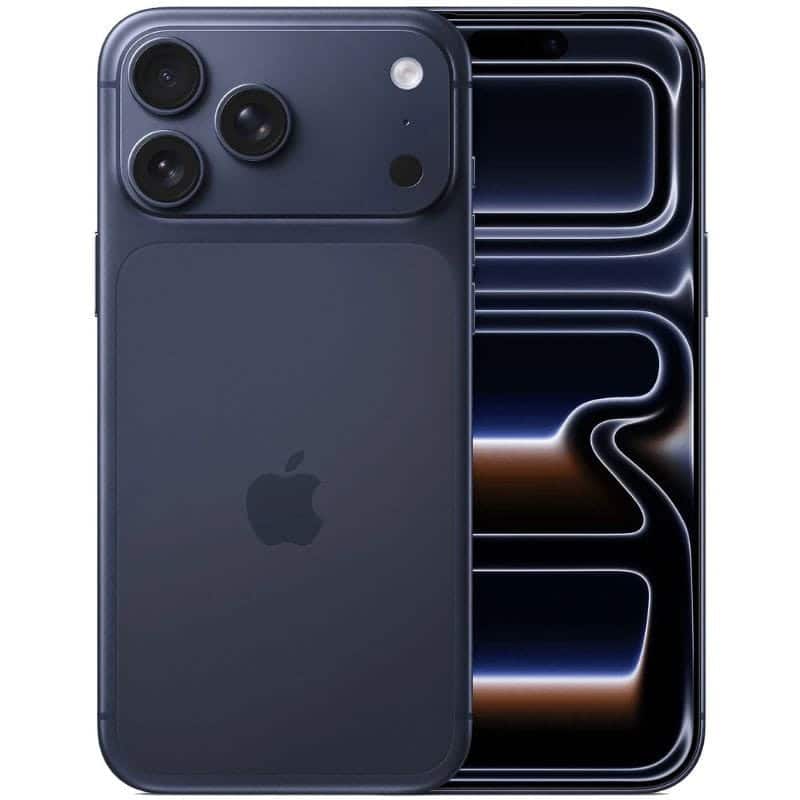 iPhone 17 Pro Max color azul en vista trasera, con acabado mate y cámara de tres lentes.