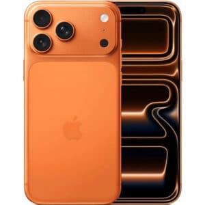 iPhone 17 Pro Max color naranja en vista trasera, destacando su acabado brillante y triple cámara.