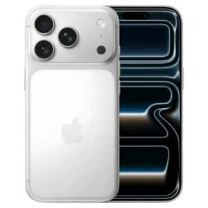 iPhone 17 Pro Max color blanco en vista trasera, mostrando el módulo de cámaras y el acabado cerámico.