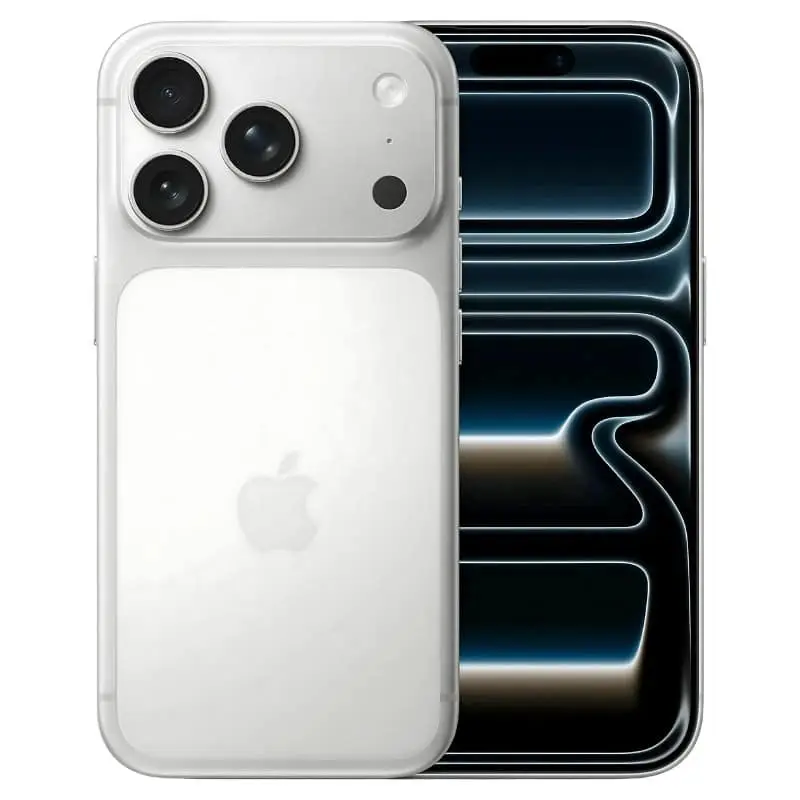 iPhone 17 Pro Max color blanco en vista trasera, mostrando el módulo de cámaras y el acabado cerámico.