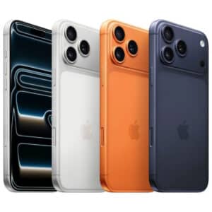 iPhone 17 Pro Max en vista frontal y trasera mostrando los colores disponibles: naranja, blanco y azul