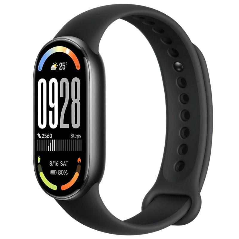Xiaomi Smart Band 10 color negro, vista lateral que resalta el grosor del dispositivo y su marco metálico